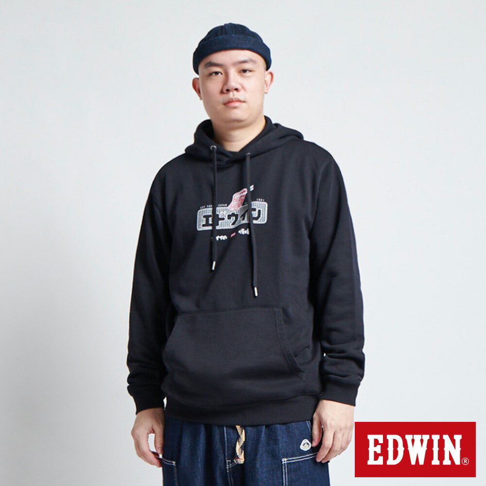 EDWIN 男女款 東京散策系列 珍珠奶茶連帽長袖T恤 (黑色)