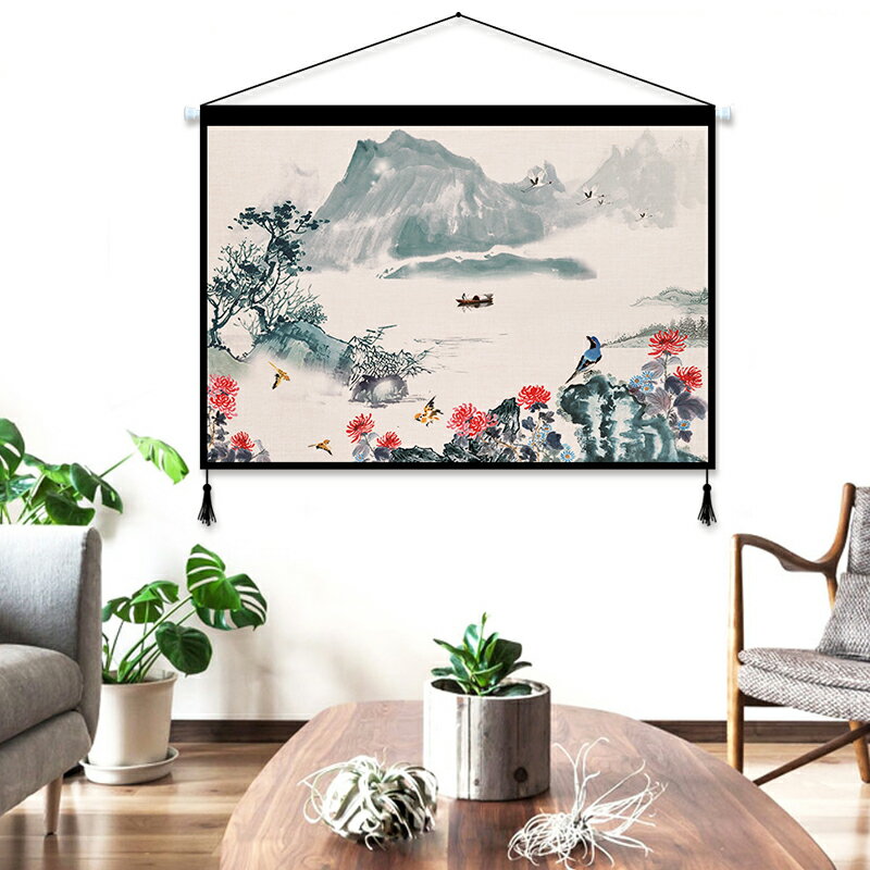 中式山水風景畫國畫布藝掛畫客廳玄關裝飾畫書房掛毯禪意壁畫墻畫