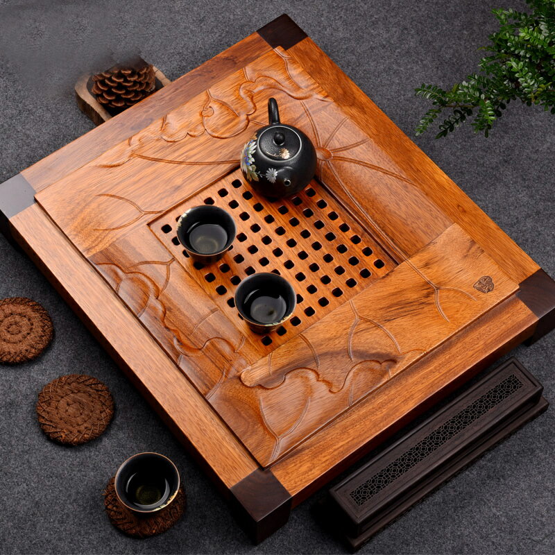 從簡功夫茶具烏金木實木茶盤小號抽屜式排水茶海家用簡約茶臺託盤