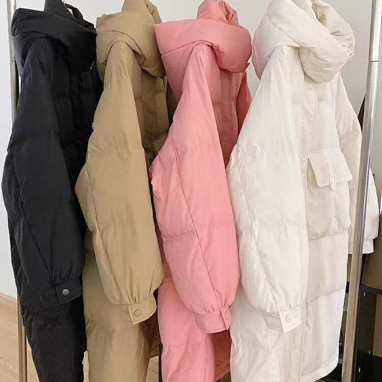 加厚保暖冬天外套 反季清倉羽絨服女中長版冬季新版寬鬆韓版白鴨絨加厚連帽外套韓版 羽絨外套連帽 長款