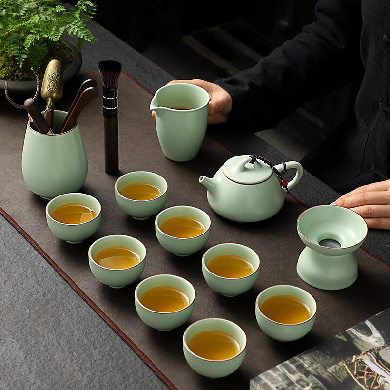 免運 茶具套裝組合 汝窯功夫茶具套裝開片可養茶壺茶杯陶瓷中式家用辦公泡茶組合