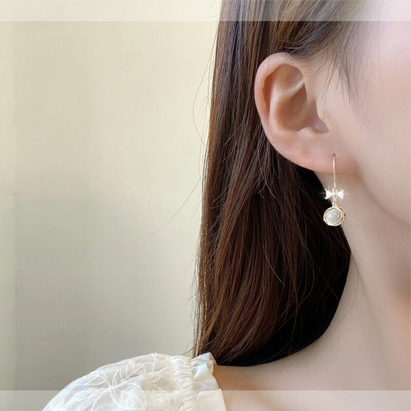 貓眼石耳環女2021年新款潮韓國氣質網紅耳釘簡約高級感蝴蝶結耳飾