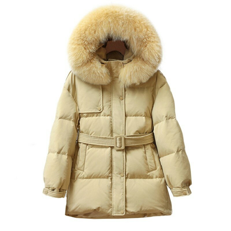 真 羽絨90%白鴨絨 羽絨服白鴨絨夾克-狐狸毛領連帽腰帶收腰女外套3色73zc8【獨家進口】【米蘭精品】