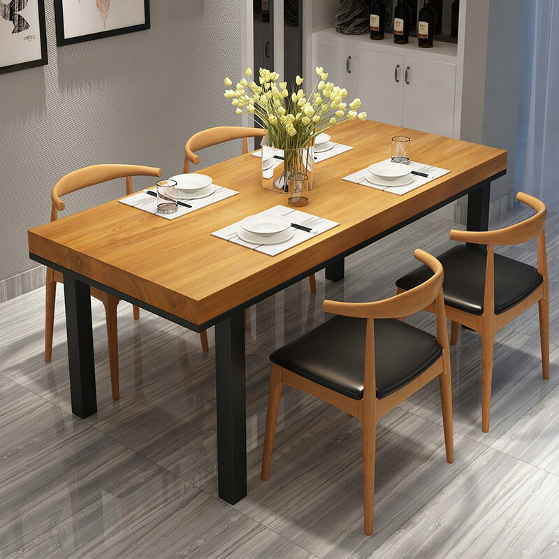 簡約鐵藝家用小戶型實木餐桌椅組合長方形咖啡桌餐廳飯店面館桌子