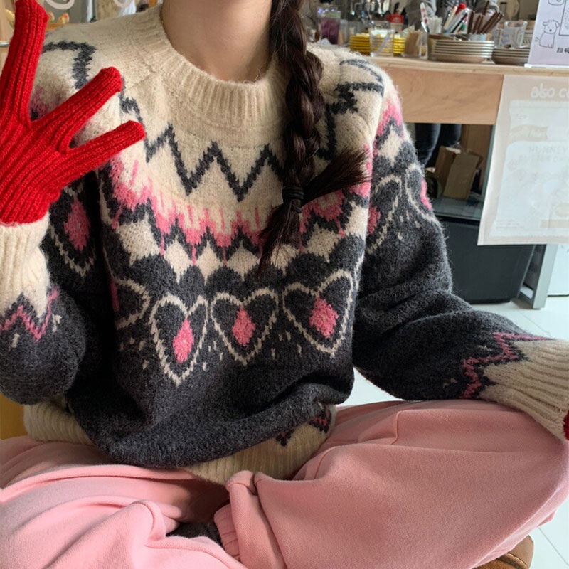 ANNAS 粉色聖誕毛衣 復古編織圖騰針織衫 愛心花紋可愛慵懶少女風 3