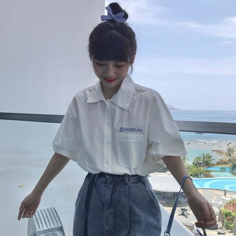 日系刺繡女學生夏季新款復古字母寬松JK上衣學院風襯衫短袖白襯衣