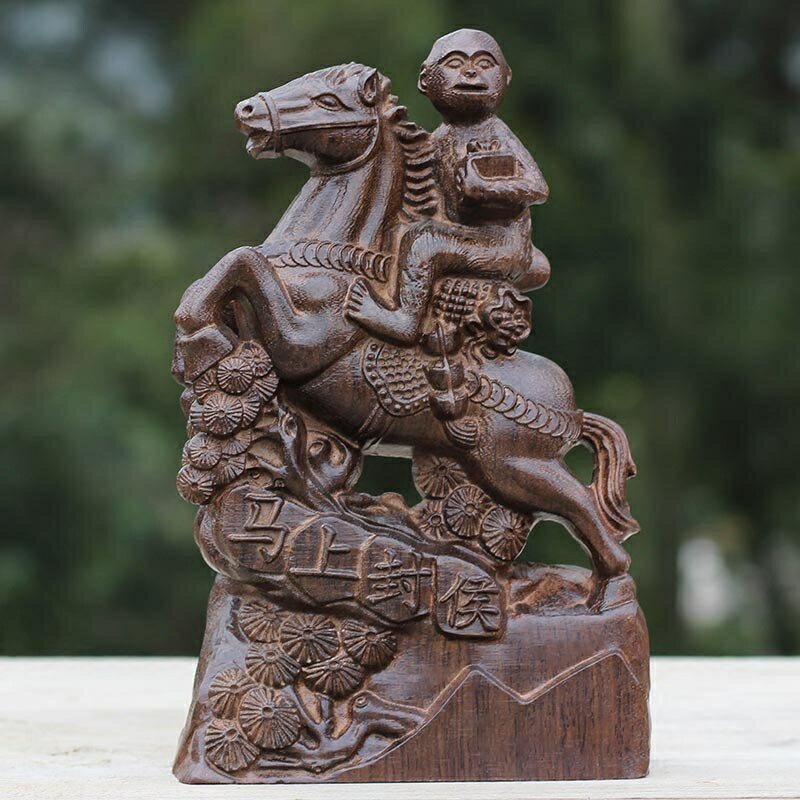 {保固一年 可打統編}越南天然沉香木木雕擺件 生肖馬上封侯木質客廳辦公桌工藝品擺件