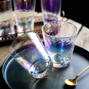 歐式風網紅高顏值水杯耐高溫炫彩錘紋玻璃杯家用彩色七彩錘紋杯