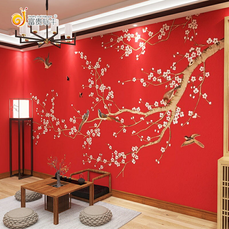 中國風壁紙古典中式花鳥故宮紅墻布客廳茶室飯店復古拍照背景墻紙