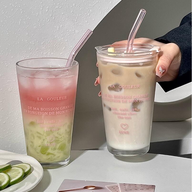 法式ins英文印花高顏值吸管水杯早餐杯子大容量咖啡杯玻璃杯帶蓋【繁星小鎮】