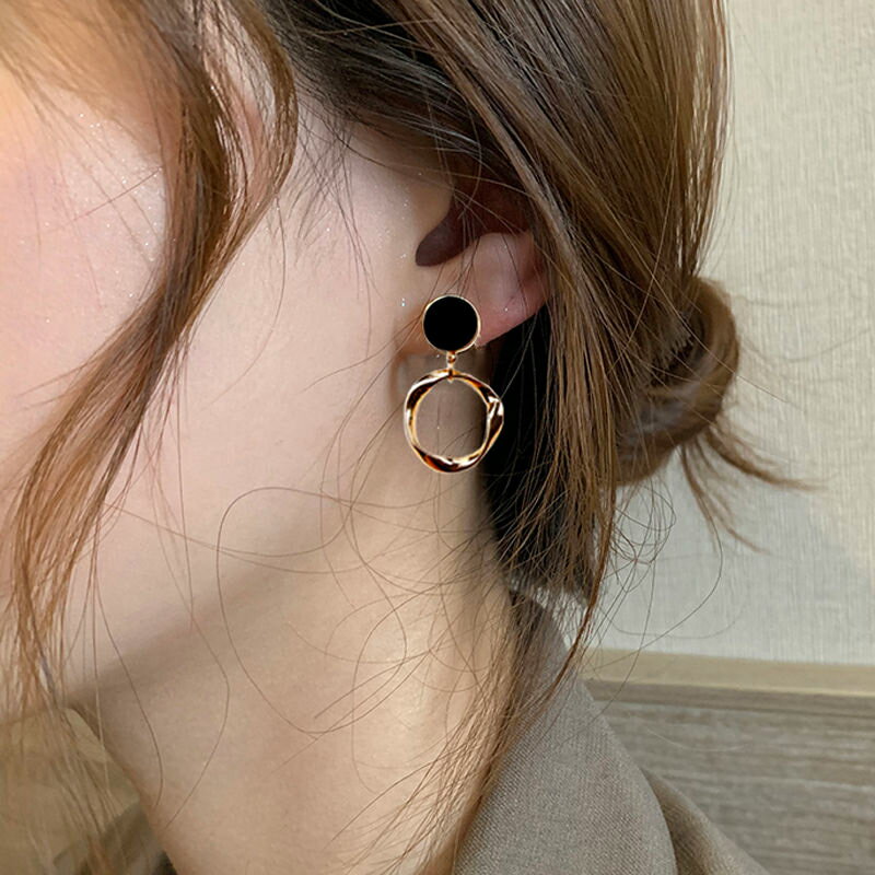 韓國圓圈耳環女氣質高級感鍍銀黑色耳釘女2021年新款設計感