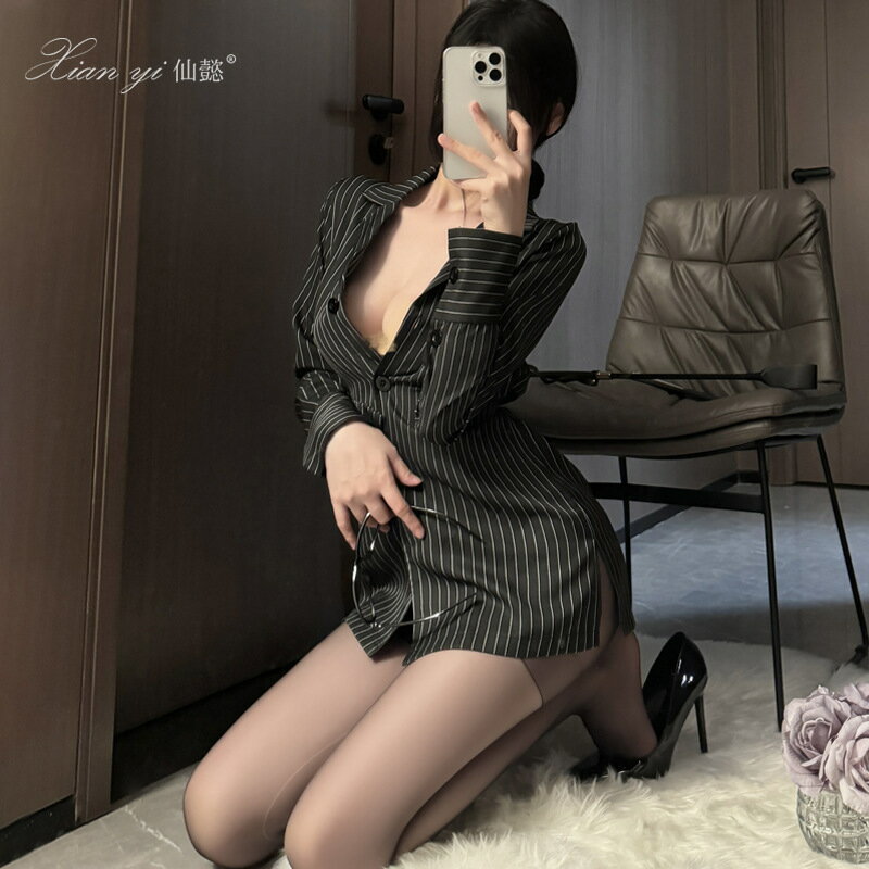 免運 仙懿情趣內衣性感純欲秘書制服誘惑激情免脫條紋襯衫套裝qqny548 可開發票