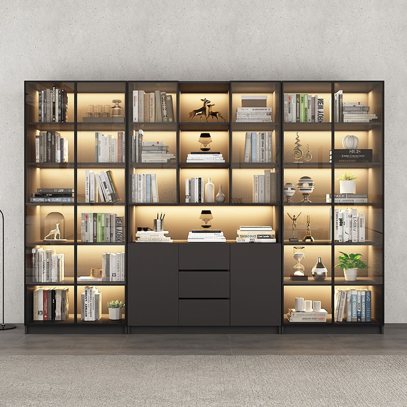 實木書柜一體組合書架輕奢玻璃門客廳落地整墻書櫥簡約現代展示柜