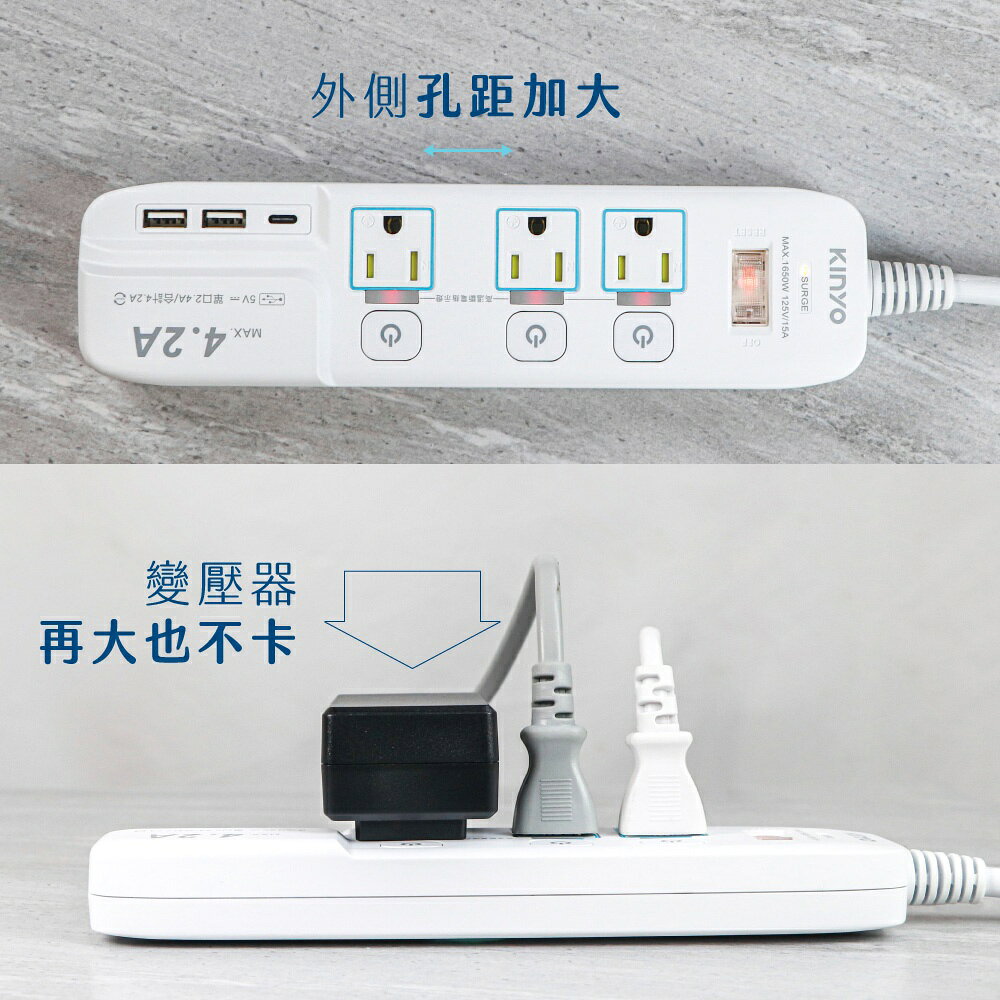 【KINYO】4開3插 3USB + 3P安全延長線 (GIU) 6呎/9呎 6