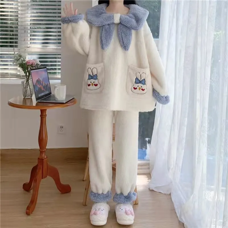 女士睡衣 甜美可愛睡衣套裝 秋冬加絨加厚睡衣 女學生珊瑚絨居家服 可外穿保暖加厚家居服套裝 女生睡衣【不二雜貨】