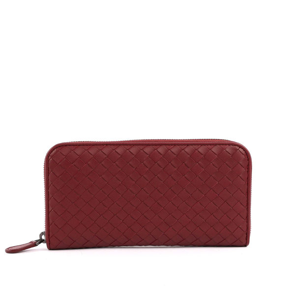 【BV/ BOTTEGA VENETA】小羊皮 ㄇ型拉鏈長夾(葡萄酒紅色) 114076 V001N 2240