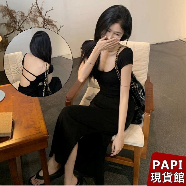 尾牙推薦商品，尾牙穿搭推薦到單抓皺美背開岔長洋【1056】價春夏新款韓系INS性感貼身氣質純欲辣妹低胸尾牙晚宴洋裝 連衣裙 合身洋