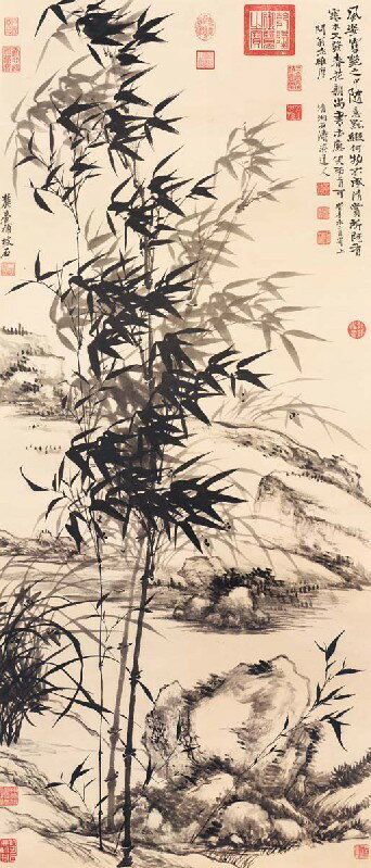 仿古畫名畫復製品清石濤王原祁竹蘭合作墨竹圖花鳥畫國畫133.5x57