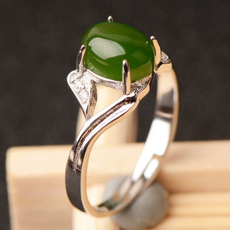 和田碧玉菠菜綠戒指女款 天然玉石戒指簡約款成品戒指玉戒指1入