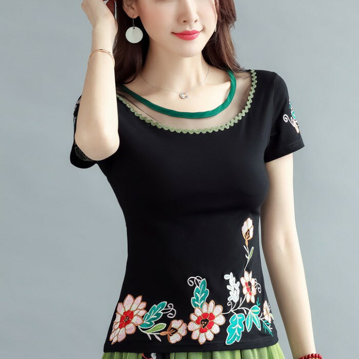 中國風女裝夏裝新款文藝復古民族風繡花T恤短袖女上衣顯瘦打底衫