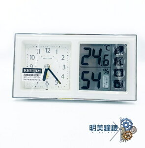 ◆明美鐘錶眼鏡◆RHYTHM麗聲鐘/溫度濕度顯示/8RE678SR03/白色/鬧鐘