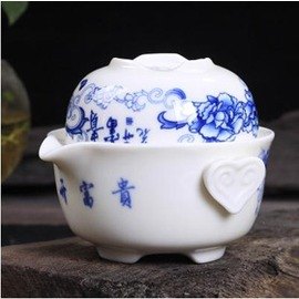 【快客杯-手抓壺-青花-陶瓷-一壺一杯/套-1套/組,不含旅行包】旅行辦公功夫茶具套裝 便攜快客杯蓋碗-7501017