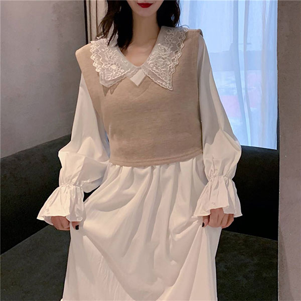 兩件式 蕾絲 翻領 洋裝 連身裙 連衣裙 長裙 長洋裝 襯衫 喇叭袖 荷葉 氣質 婚宴 婚禮 過年 新年 韓國 ANNA S.599 2