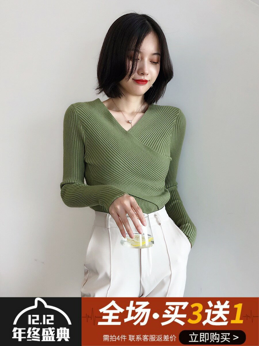 秋冬新款V領毛衣女小心機設計感上衣牛油果抹茶綠針織打底衫1入