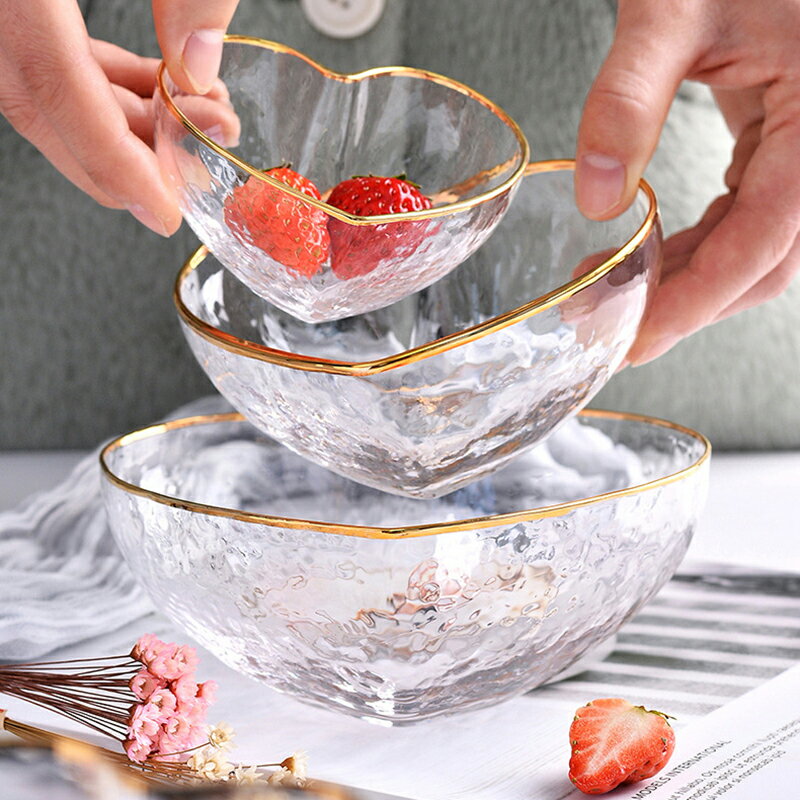 日式個性家用碗創意愛心金邊玻璃碗心形杯甜品碗水果沙拉碗早餐碗