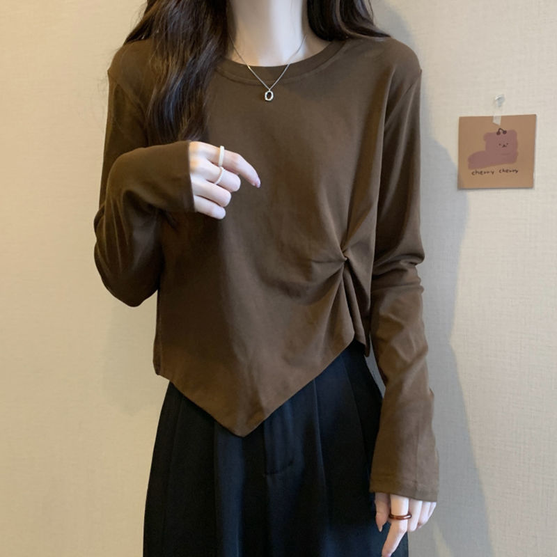 純棉大碼女裝設計感長袖T恤小心機打底衫春秋胖mm顯瘦不規則上衣-享樂