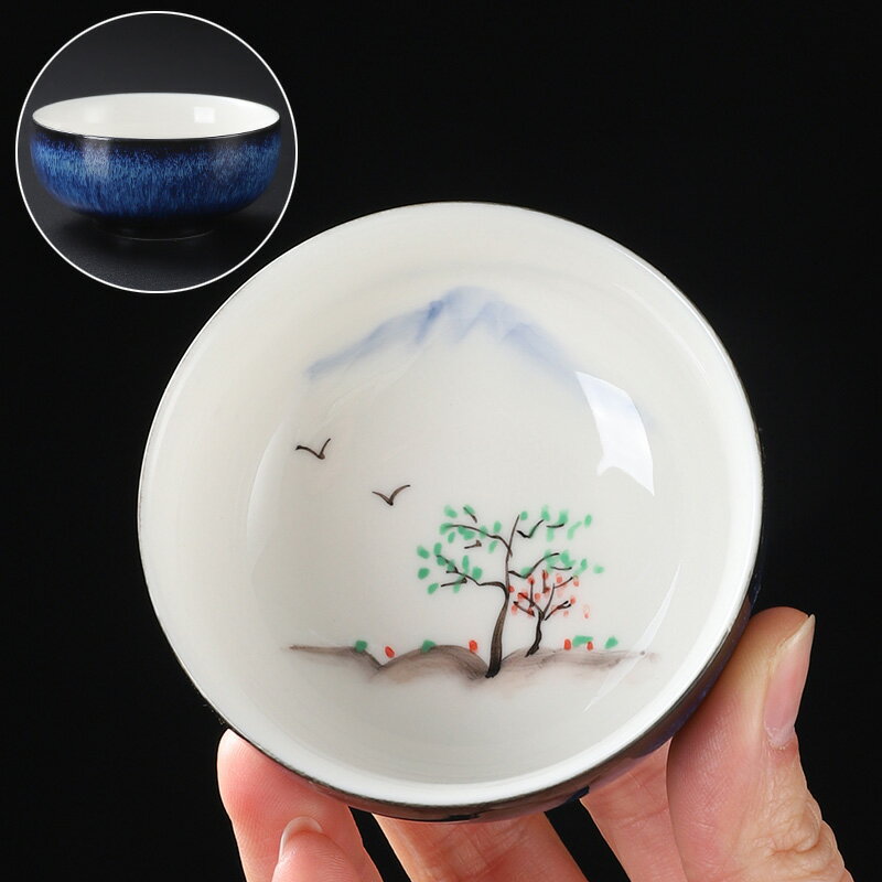 手繪山水圖單個小茶杯 家用創意藍菲天目釉結合白瓷茶碗品茗杯