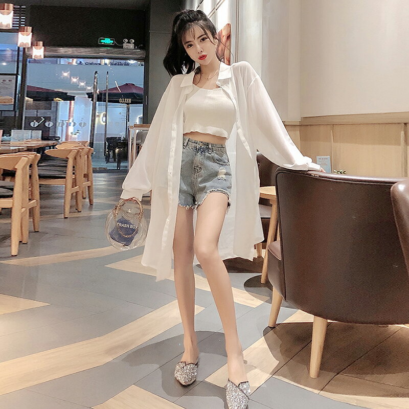 雪紡防曬衣女夏季外穿寬松韓系中長款氣質polo領薄款長袖開衫外套