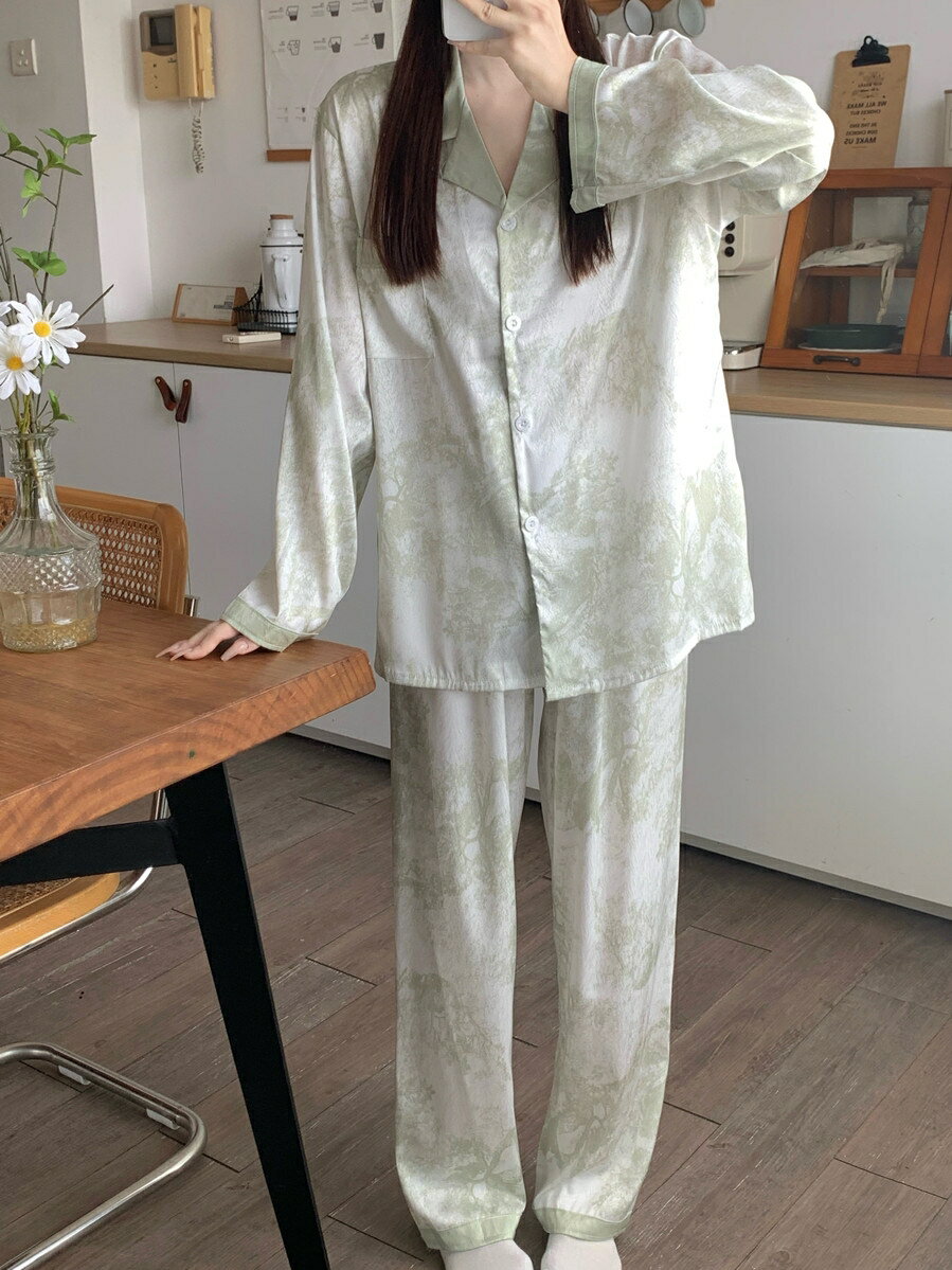 冰絲睡衣女春秋夏季長袖網紅風2026新薄款水墨畫高級感絲綢家居服