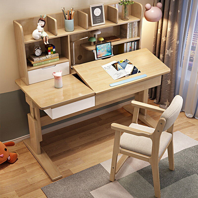 【免運】美雅閣| 兒童學習桌小學生書桌可升降桌子全實木寫字桌家用臥室課桌椅套裝