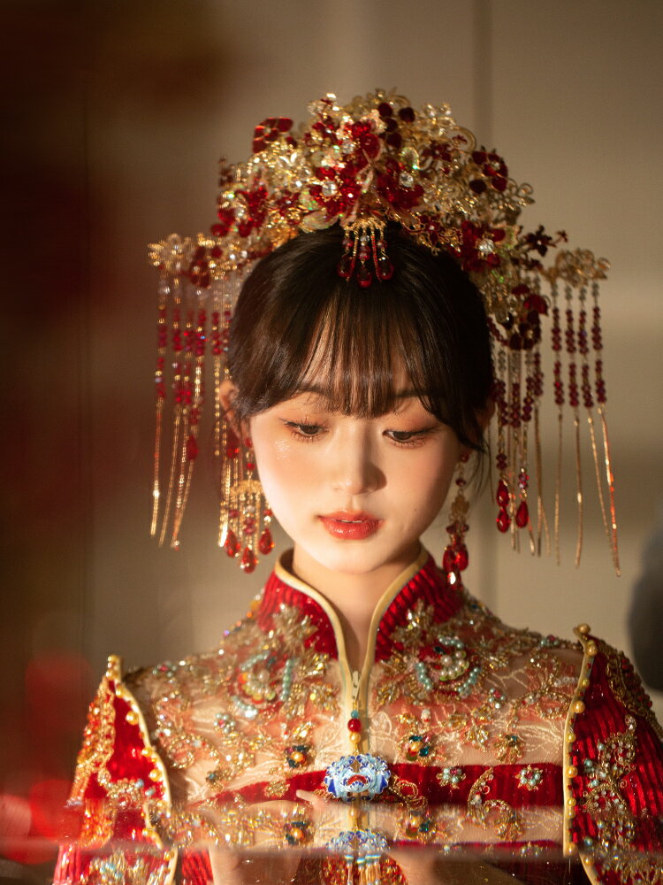 中式鳳冠大氣金紅色花朵流蘇前后冠結婚頭飾古典婚禮秀禾古裝發飾