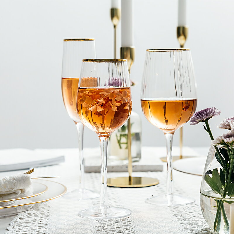 創意金邊玻璃紅酒杯高腳杯家用葡萄酒杯創意豎條紋香檳杯酒具婚禮