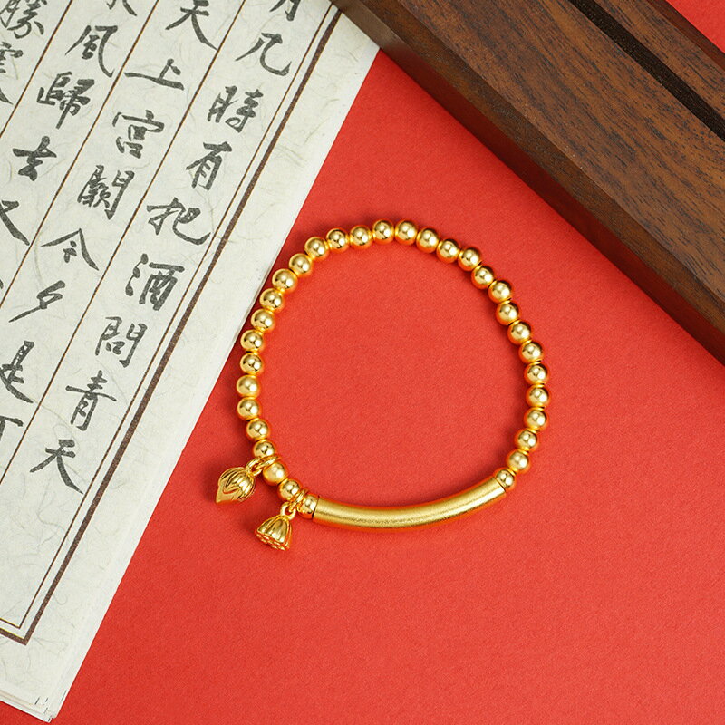 國潮古法沙金手串女復古彎管串珠潮流蓮花蓮子兩世歡手鍊飾品