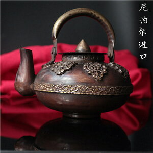 尼泊爾精工鍍紫銅純銅茶壺擺件藏式民族風手工精工藏八寶銅壺擺件1入