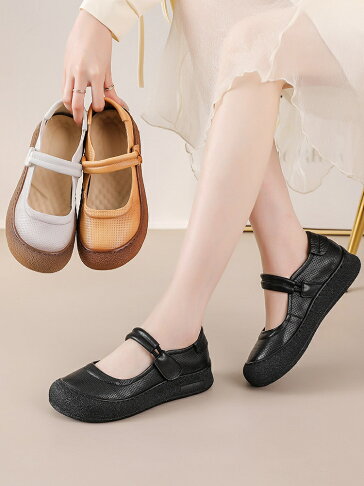 含運 頭層牛皮圓頭復古瑪麗珍單鞋春秋舒適中老年真皮媽媽鞋軟底女皮鞋 0