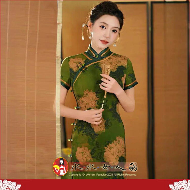 高階復古長款花羅雙層旗袍春夏新款改良中國風老上海中式旗袍日常氣質媽媽走秀唐裝優雅長版旗袍裙-絕色(綠)-水水女人國