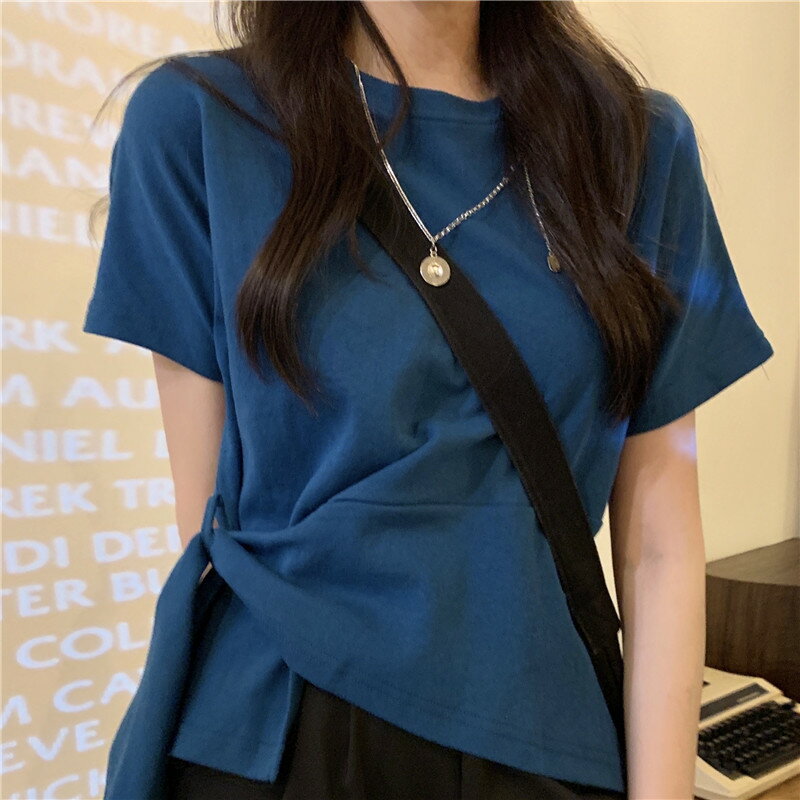 小眾設計感不對稱交叉系帶短袖T恤女夏季韓版學生泫雅風半袖上衣