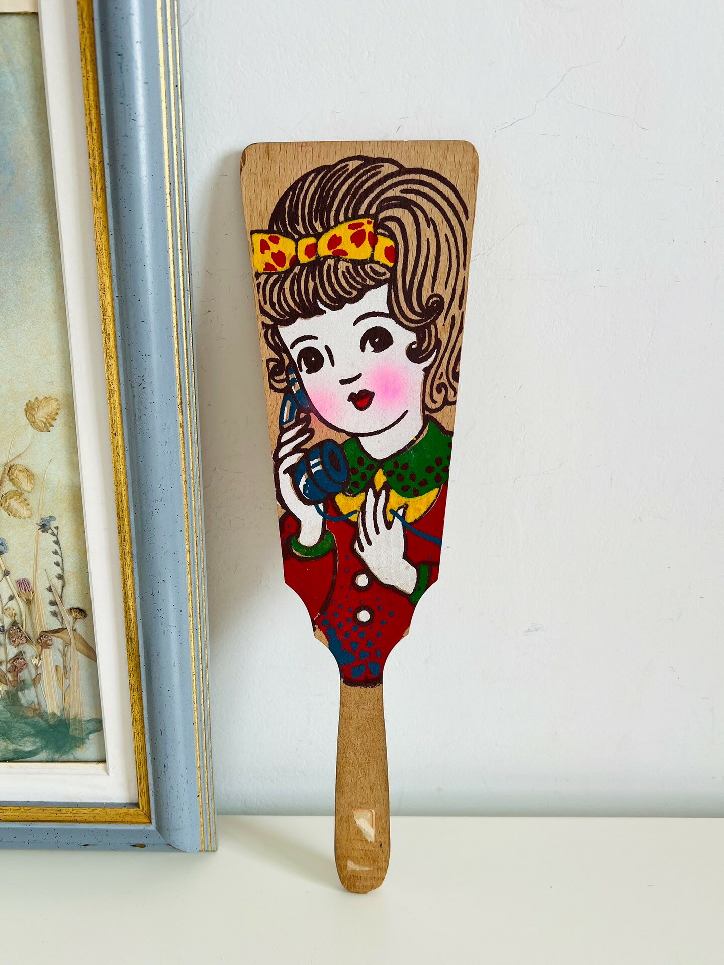 日本中古 手繪彩色昭和賽璐璐風女孩木質羽子板