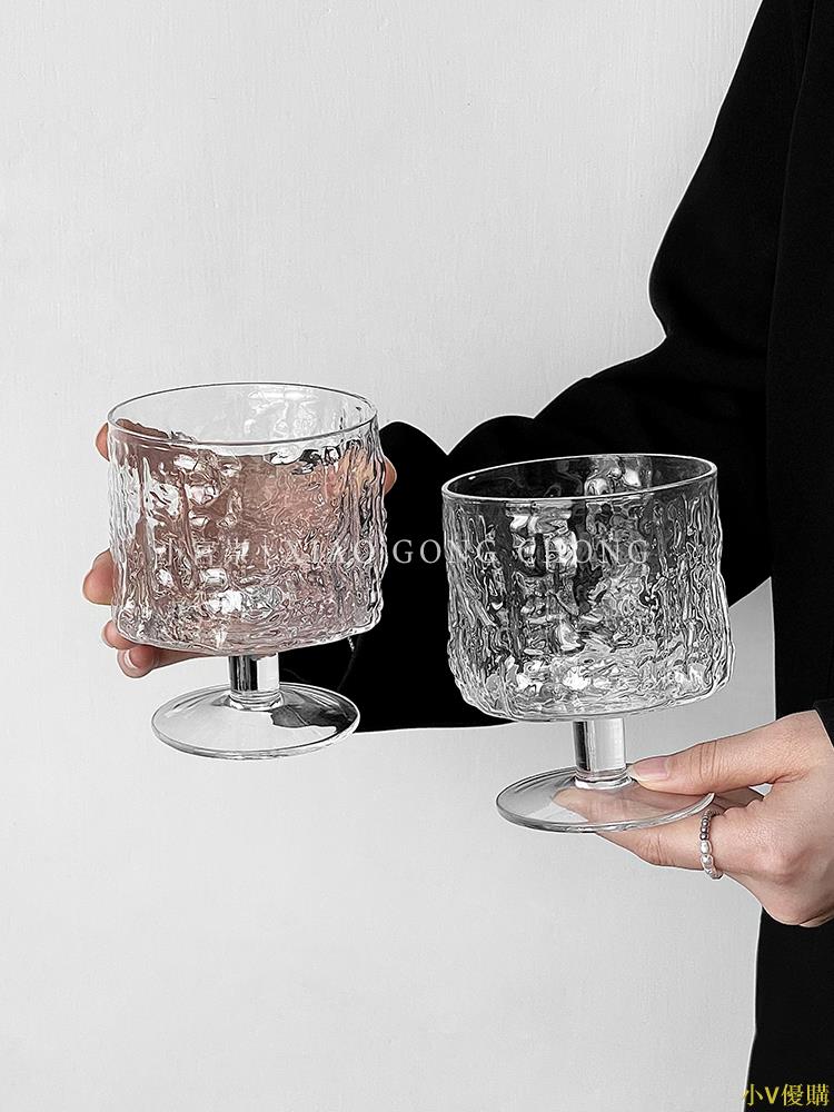 小V優購設計感樹皮紋高腳杯ins家用玻璃杯咖啡杯果汁杯氣泡水杯飲料杯子
