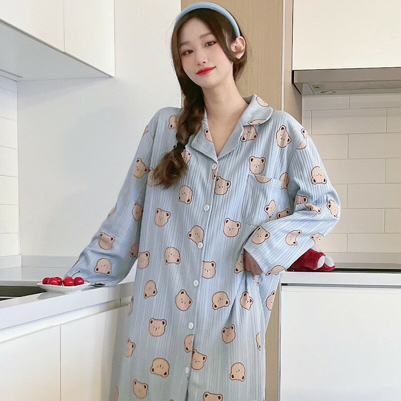 睡裙女棉質長袖韓版可愛甜美卡通小個子睡衣外穿長裙春秋款家居服