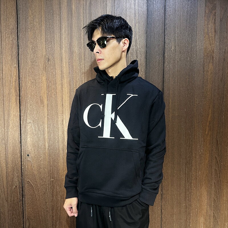美國百分百【全新真品】Calvin Klein 連帽上衣 棉質 CK 帽T 長袖 上衣 logo 黑/灰色 CE31
