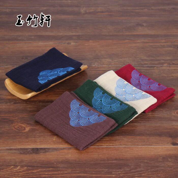 日式祥雲刺繡茶巾 吸水加厚純棉麻布 茶布潔方 功夫茶具茶道配件