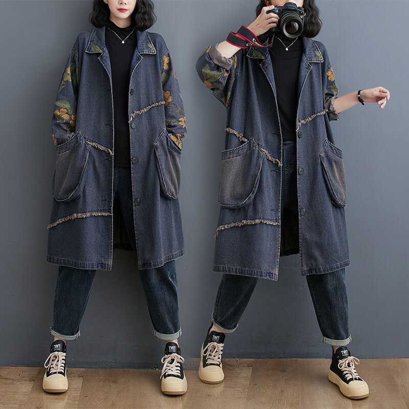 【巴黎精品】牛仔外套丹寧夾克-復古長版毛鬚印花女外套a1jc56