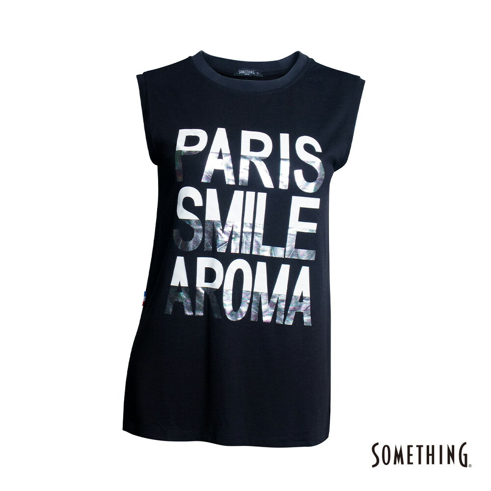 SOMETHING 女款 耀眼標語寬鬆背心T恤 (黑色)