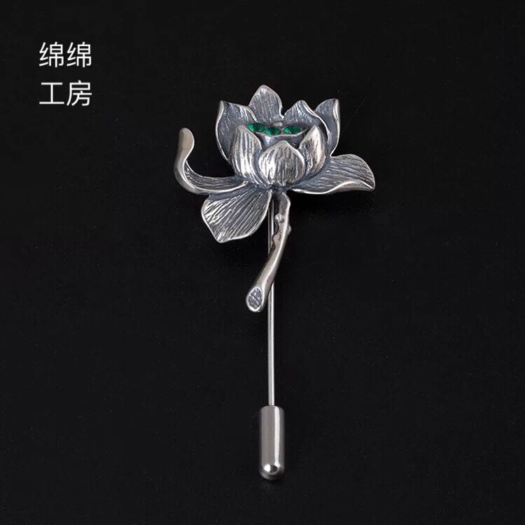中國風純銀925個性荷花領針別針復古蓮花胸針女一字插針