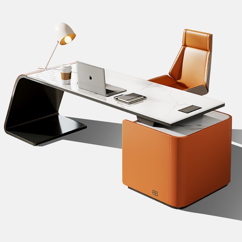 意式極簡巖板書桌書房現代簡約家用L型電腦桌書柜一體輕奢辦公桌